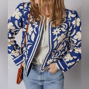 🩵Hello Gorgeous! Flower Print Open Front Buttoned Cuffs Elegant Jacket